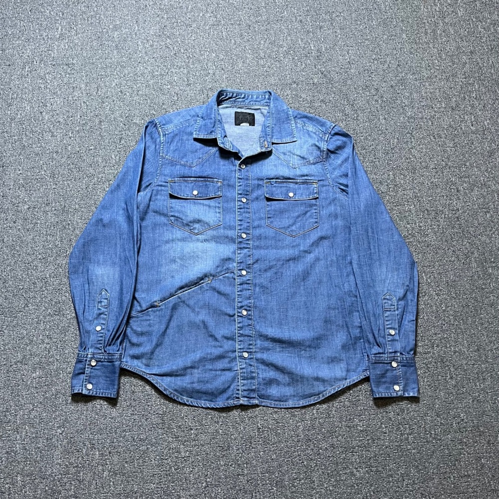Vintage Evisu Denim Western Shirt Size M Blue Pearl Snap Faded Streetwear